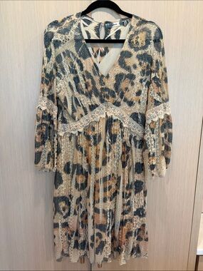 Origami Owl Beige, Gray and Tan Lace-Trim Animal-Print Midi Dress